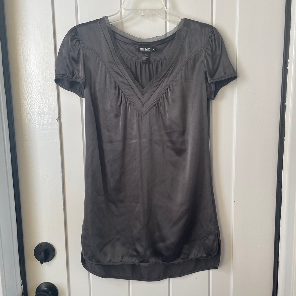 DKNY Black Satin V-Neck Short Sleeve Top
